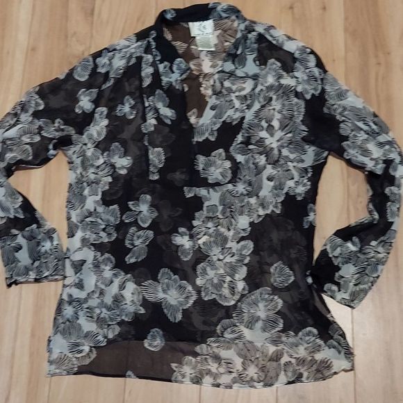 Ice Tops - Ice L sheer silk black cream floral beeded top vneck collar
